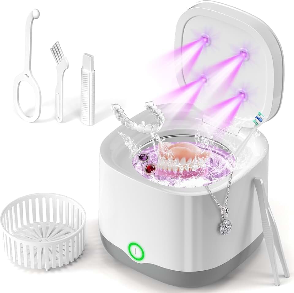 MSDUNOVR Pulitore Ultrasuoni Portatile 45000Hz con Luce UV | 24W | 200ML | Ultrasonic Cleaner per Protesi, Bite, Allineatori, Ferule Dentali e Gioielli