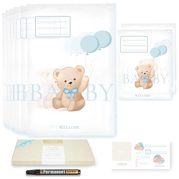 Wellode® 8 Bustine Corredino Neonato Ospedale Teddy Bear, 6 Grandi e 2 Piccole - Sacchetti Cambio Neonato Riutilizzabili per Asilo e Viaggi - Idea Regalo Nascita Baby Shower e Lista Nascita Bebè