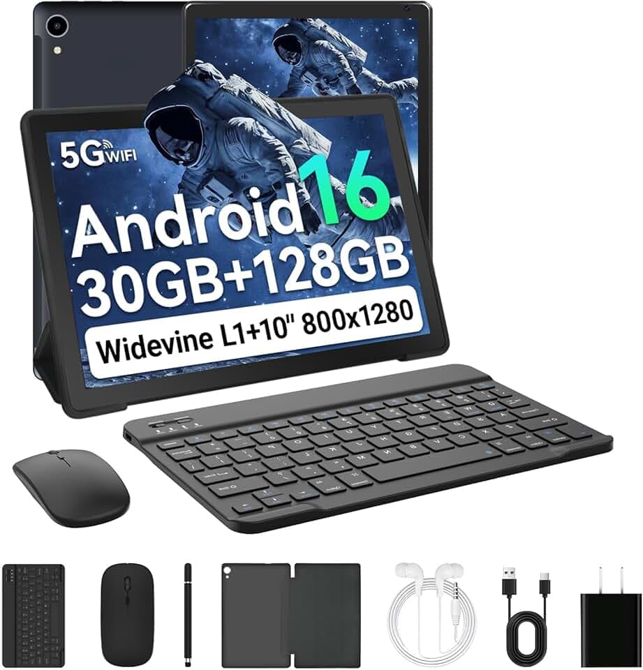 Android 16 Tablet 10 Pollici, 30GB RAM+128GB ROM, Octa Core 2.0GHz /WiFi 6+2.4G/GMS/6000mAh/Bluetooth 5.4/Widevine L1/8MP+5MP/Tablet 2 in 1 con Tastiera, Mouse, Cuffie, Penna e Custodia