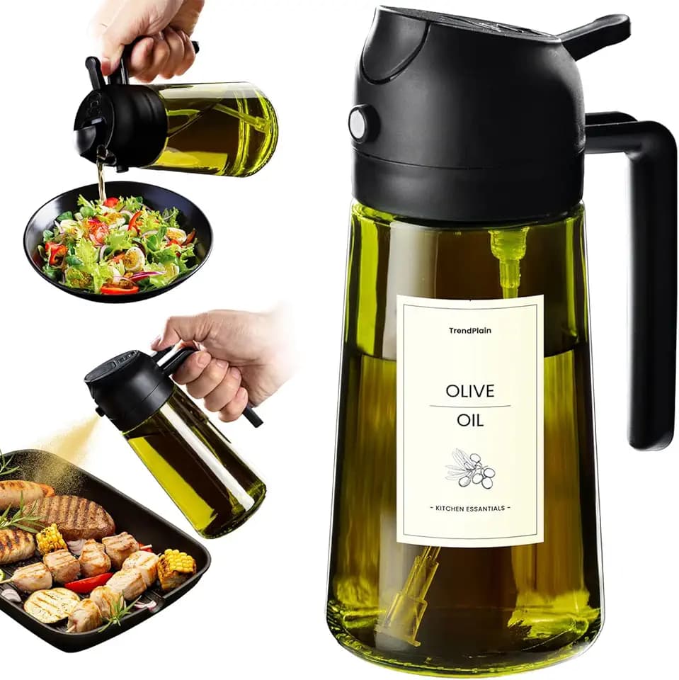 TrendPlain Spruzzino Olio per Friggitrice Aria 470ml, Dosatore Olio 2 in 1, Oliera Spray per Cucina, Insalata e Aceto, Accessori Cucina con Etichette e Protezione dalla Luce - Nero