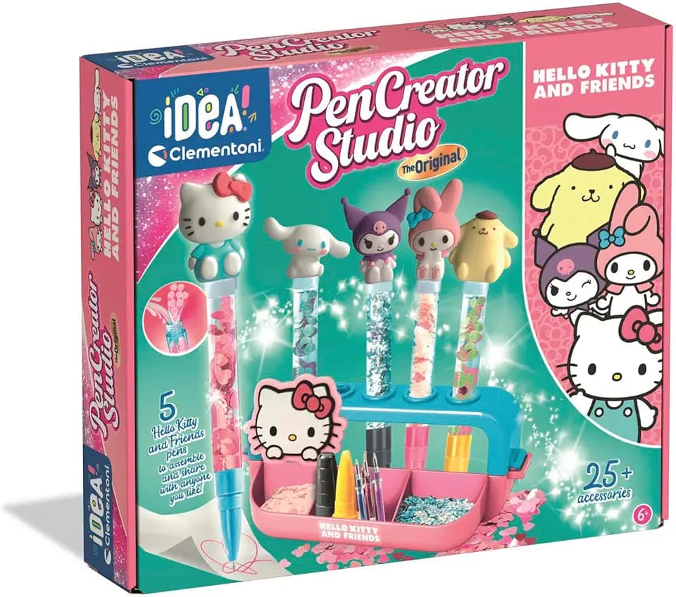 Clementoni Idea - Laboratorio delle Penne Hello Kitty, Kit Creativo per Bambini 6+ Anni, con 25+ Accessori e 5 Penne Personalizzabili con Personaggi, Lingua Italiana, 18276