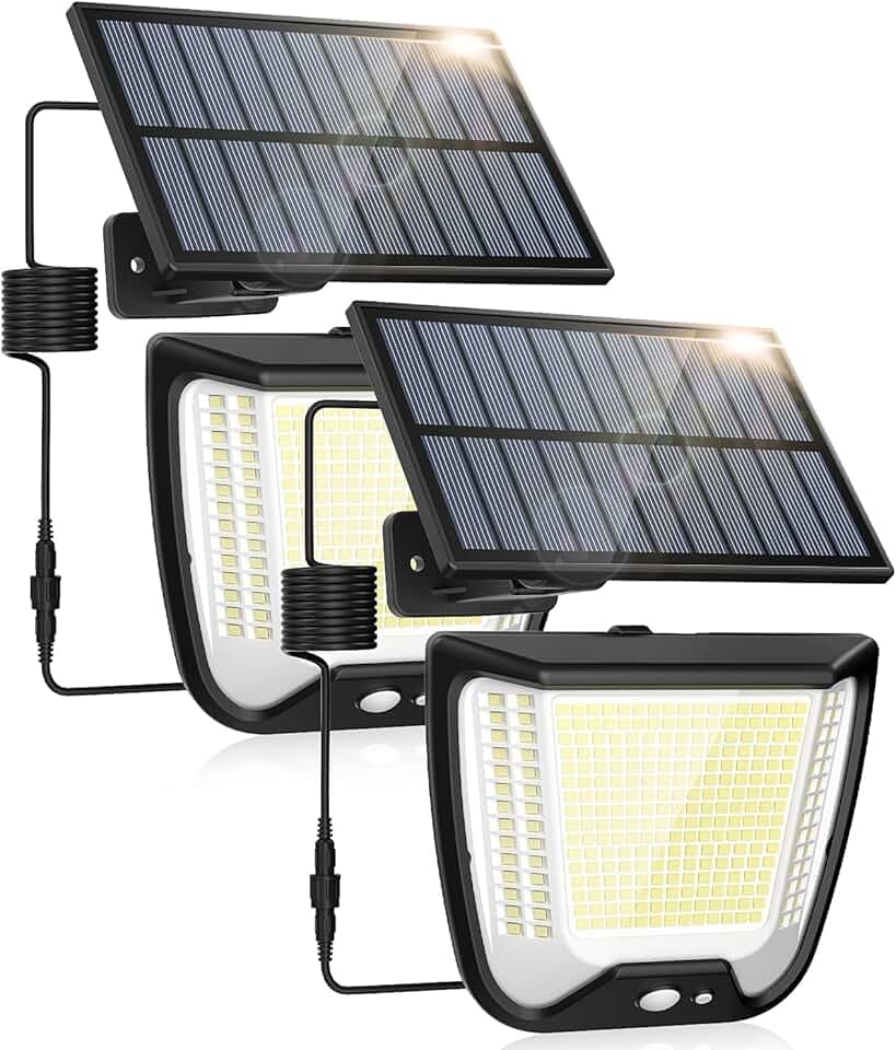 Luce Solare Esterno LED con Pannello: 288 Faretto Solari LED Luce con Sensore Di Movimento IP65 Impermeabile Giardino Faretti Lampade 3 Modes Faro Luci Da Esterni Solar 2 Pezzi con 5m Cavo