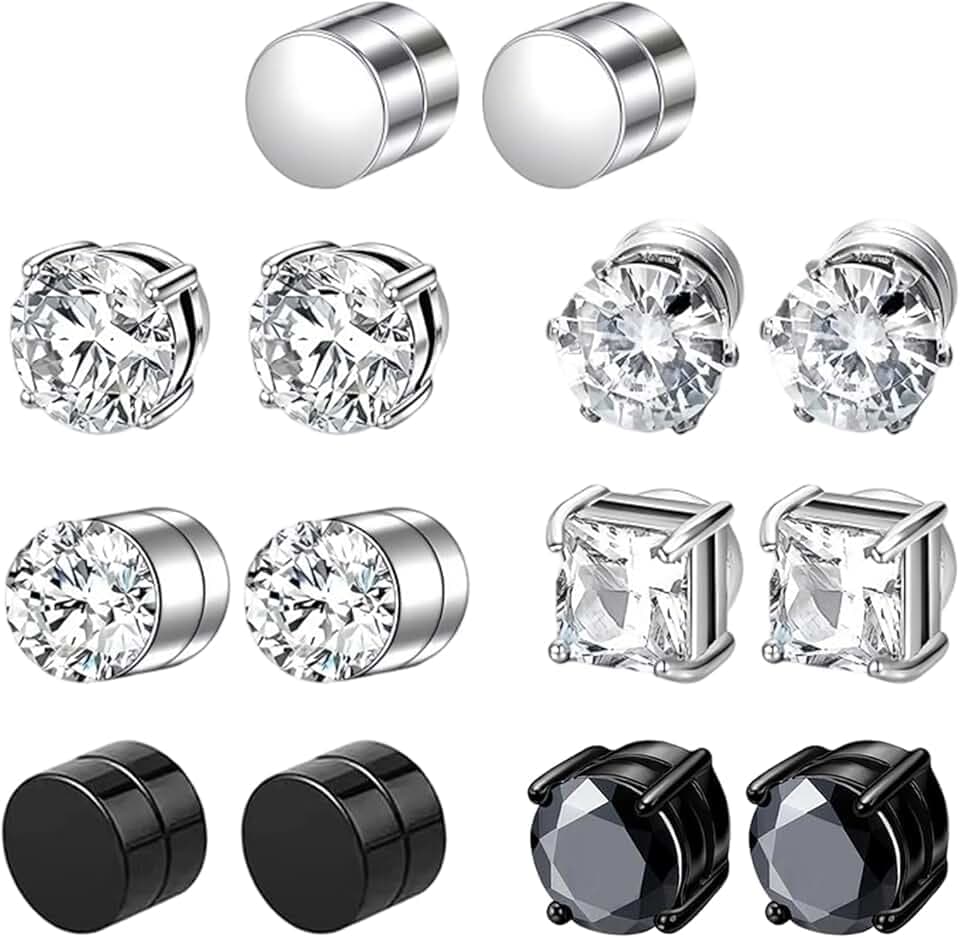 JSTHHTT 7 Paia Orecchini Magnetici 6mm per Uomo e Donna, Orecchini Magnetici Zirconi Cubici Argento Clip Non Piercing Orecchio Falso, Orecchinis Finti Uomo, Clip Auricolari Finti