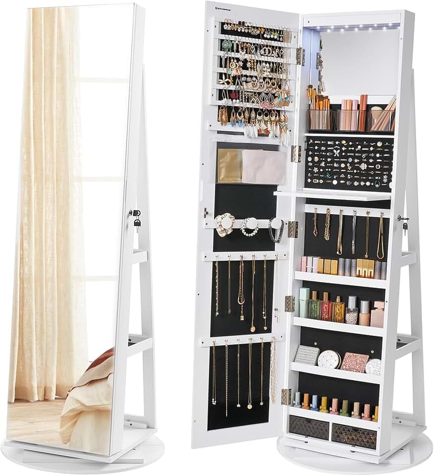 SONGMICS SONGMICS Specchio Portagioie con 6 Luci a LED e Chiusura, Armadietto Portagioie Girevole a 360° Specchio a Figura Intera senza Cornice, 3 Ripiani, Superficie Bianca, Fodera Nera JJC007W01 The Forest Stewardship Council