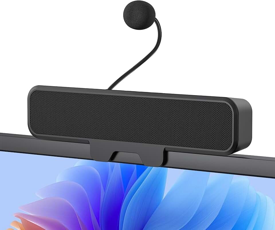 Inwa Altoparlante per PC, altoparlante USB con microfono, stereo e basso, spegnimento muto a un pulsante, clip plug and play per monitor PC, desktop, laptop e Mac (nero)