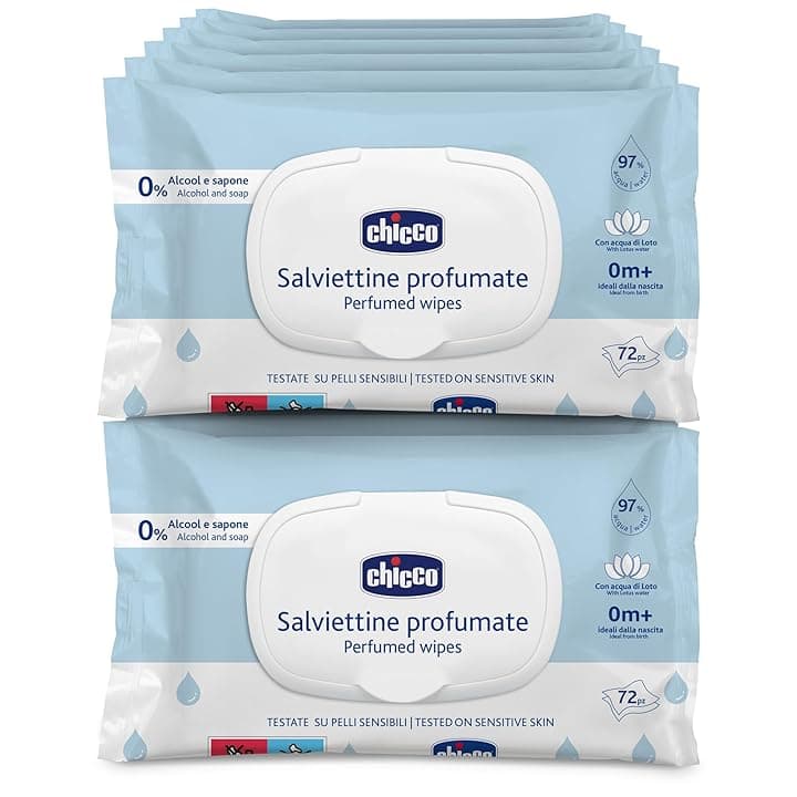 Chicco Salviette multiuso per neonati con placca senza alcool, profumate per pelli sensibili, confezione multipla da 864 salviette, 12 confezioni da 72 panni