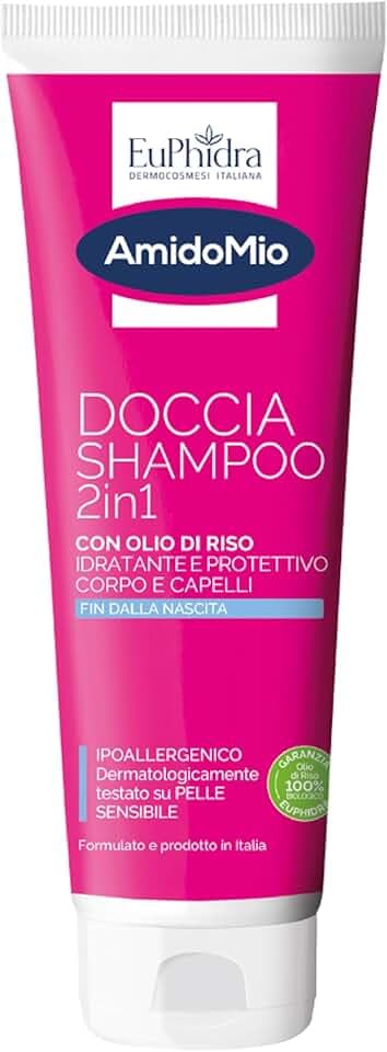 Euphidra - AmidoMio Doccia Shampoo 2 in 1, Con Olio di Riso 100% da agricoltura biologica e Proteine del Riso, Nutre i Capelli Lasciandoli Morbidi e Protetti, Delicato per Corpo e Capelli, 250 ml