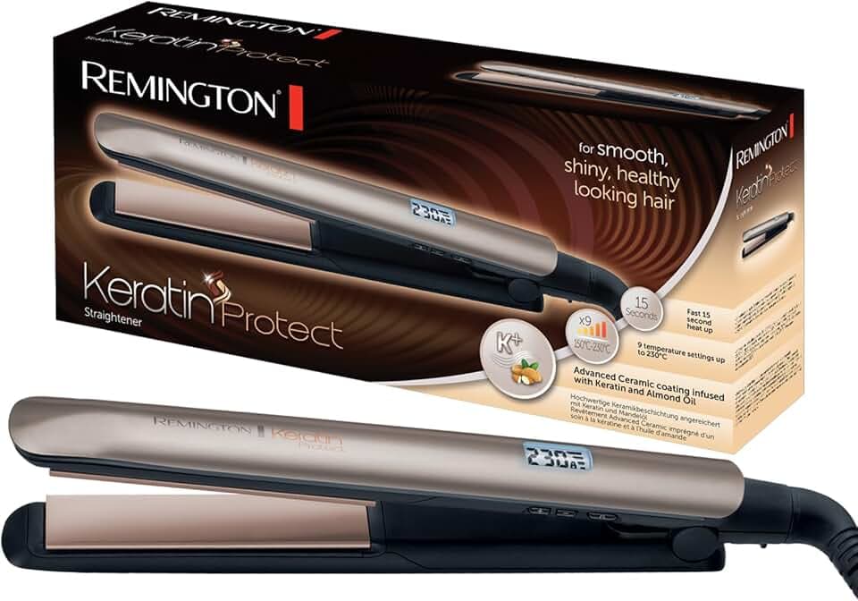 Remington Piastra per Capelli - Keratin: Rivestimento Ceramico di alta qualità con Cheratina e olio di mandorle - Display LCD, 9 impostazioni di temperatura 150-230°C, piastra per capelli S8540