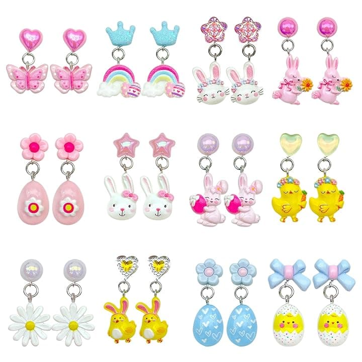UJBVCX 12 Paia Orecchini a Clip Bambina, Orecchini Pendenti a Clip Colorati, Arcobaleno Fiori Farfalla Resina Senza Fori Orecchino, al Feste, Accessori Quotidiani per Ragazze