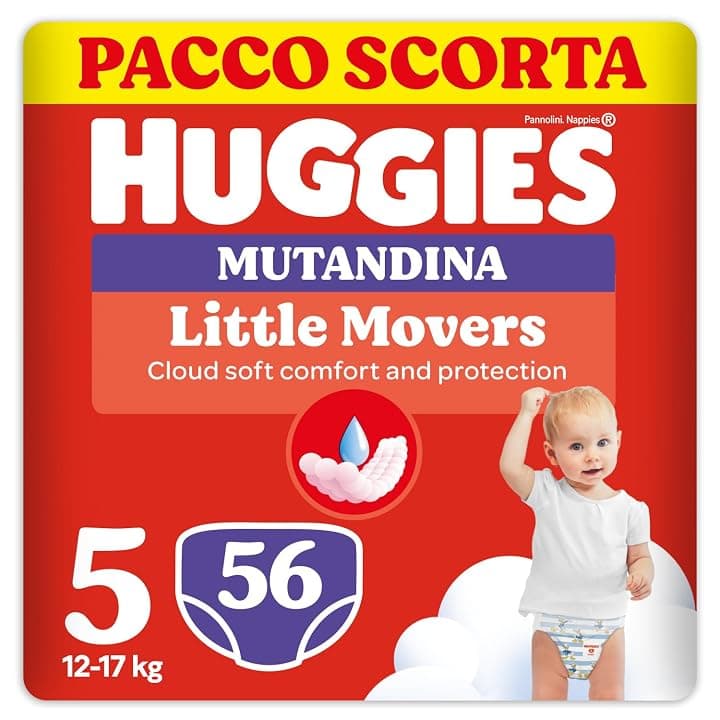 Huggies Little Movers Mutandina, 56 Pannolini Mutandina Taglia 5 (12-17 Kg)