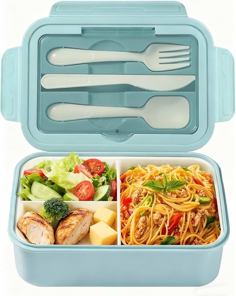 Diboniur Porta Pranzo, 1400ml Lunch Box con Posate, Schiscetta Pranzo Bambino Adulto Bento Box con 3 Scomparti, Schiscetta Contenitore Ermetico per Microonde Ufficio Lavoro Picnic (Azzurro)