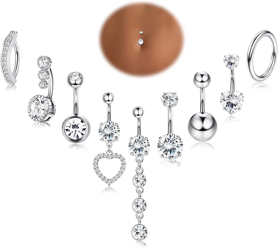 YADOCA 14G 9 Pezzi Piercing Ombelico Acciaio Chirurgico Argento Oro, Piercing Ombelico Pendente, CZ Piercings Ombelico Anello, Navel Piercings per Le Donne ClimeCo Certified