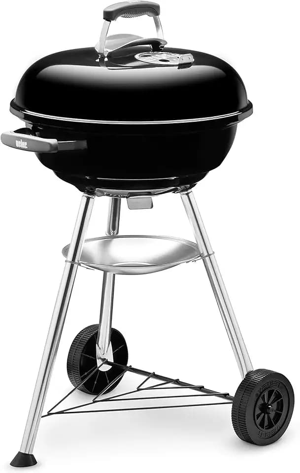 Weber Compact Kettle BBQ a carbone, sup. cottura Ø 47 cm, barbecue con coperchio e caldaia smaltati in porcellana, supporto a tre gambe e ruote, sup. cottura cromata - Nero (1221004)