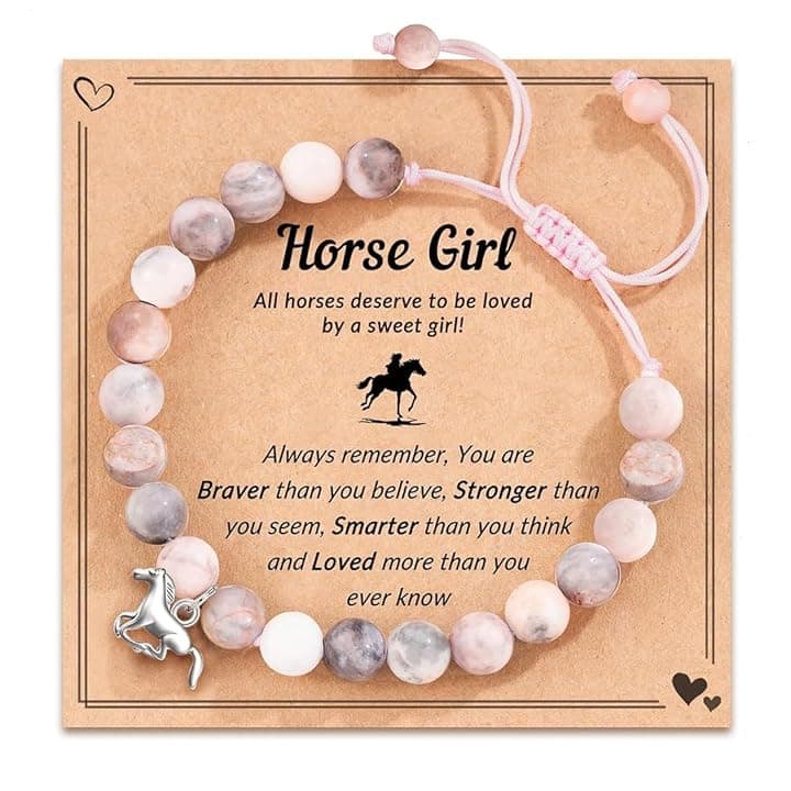 IBXWMNG IBXWMNG Bracciale con ciondolo a forma di cavallo, Bracciale in pietra naturale rosa, un braccialetto intrecciato a mano, adatto come regalo per donne e bambini