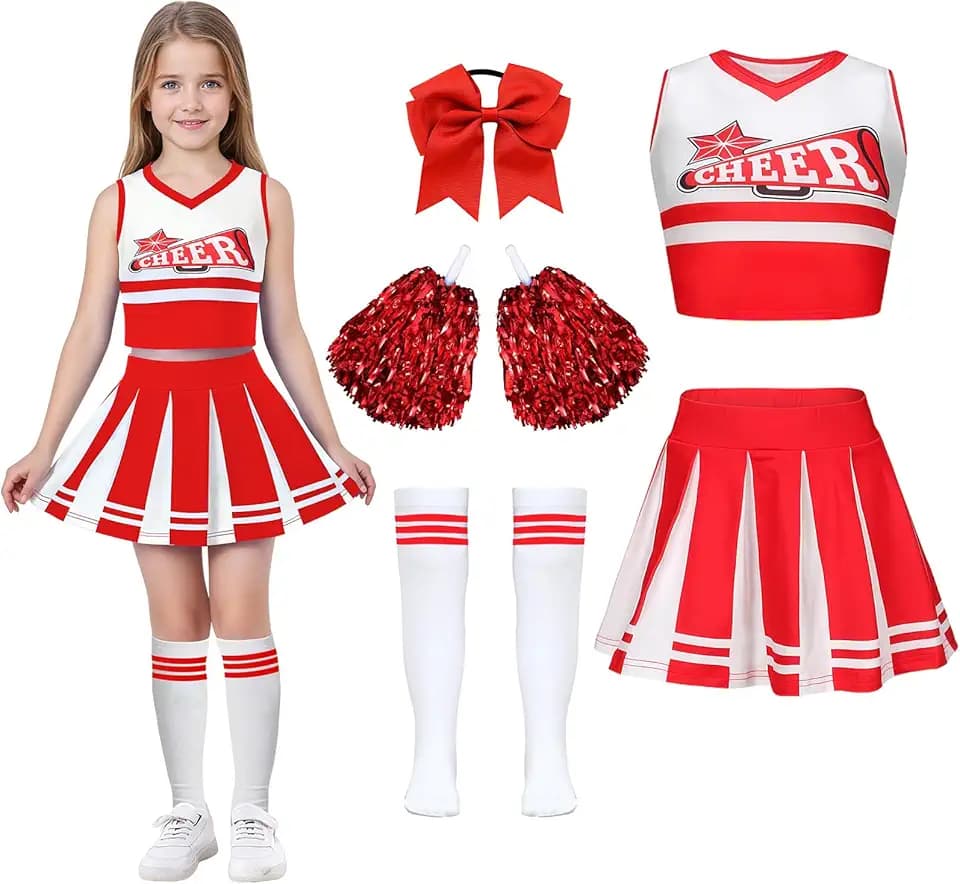 Luckyou Vestito Cheerleader Bambina Costume da Cheerleader Ragazze con Pompoms Calze Vestito Carnevale Bambina per Halloween Giornata Sportiva