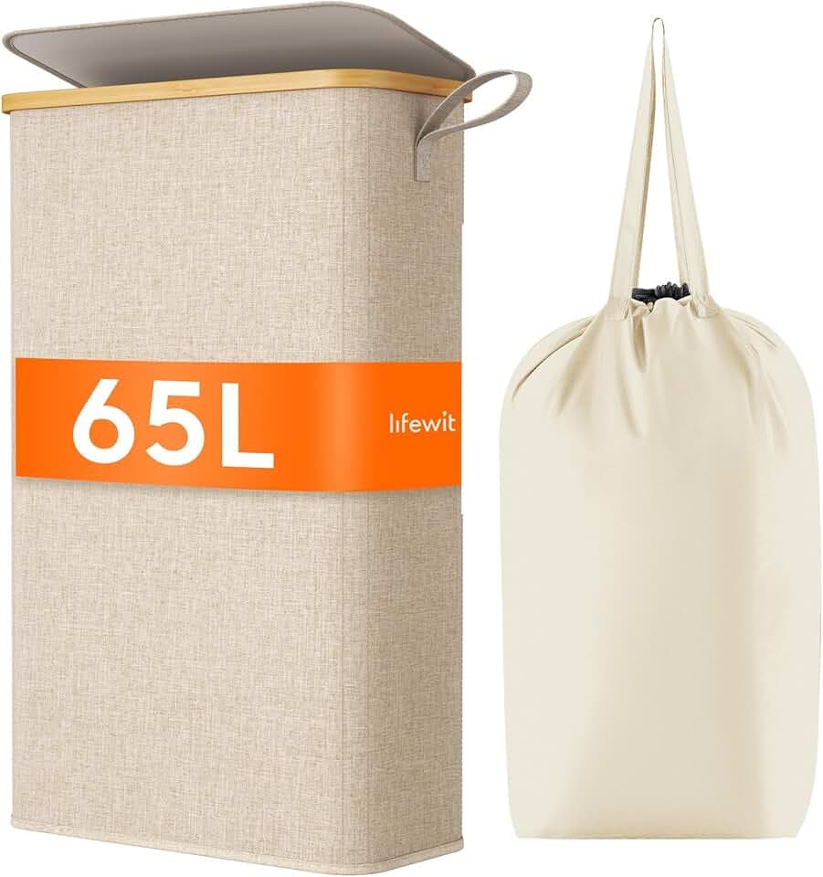 Lifewit Cesto Portabiancheria Salvaspazio, Cesta Biancheria Sporca con Coperchio, Porta Biancheria Sporca Slim per Bagno, Laundry Basket per Camera da Letto, Bagno, Lavanderia, 65 L, Beige Recycled Claim Standard 100
