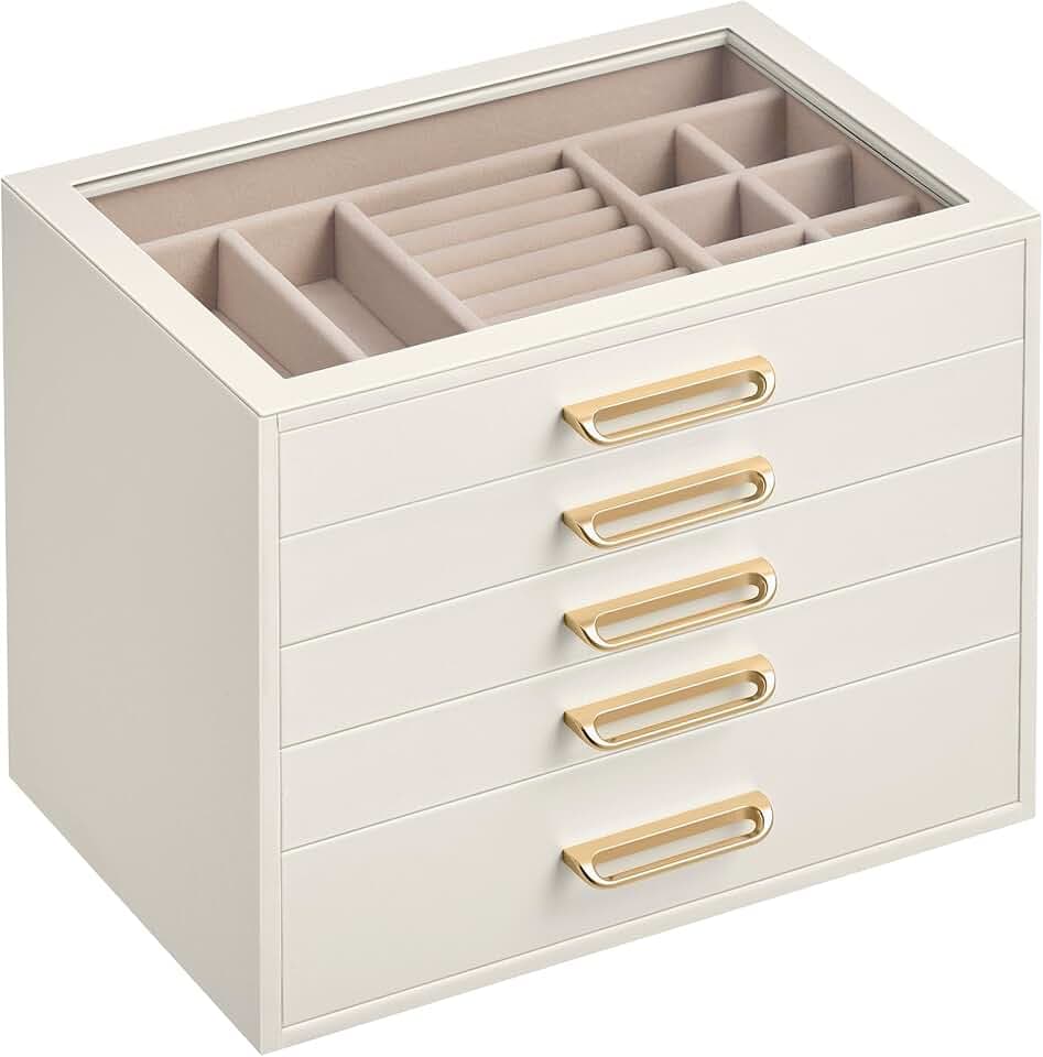SONGMICS SONGMICS Scatola Portagioie, Porta Gioielli a 5 Livelli con Finestra in Vetro, 5 Cassetti, Capiente, Moderno, Maniglie Dorate, Idea Regalo, 17,2 x 24 x 18,4 cm, Bianco Crema JBC205WD01