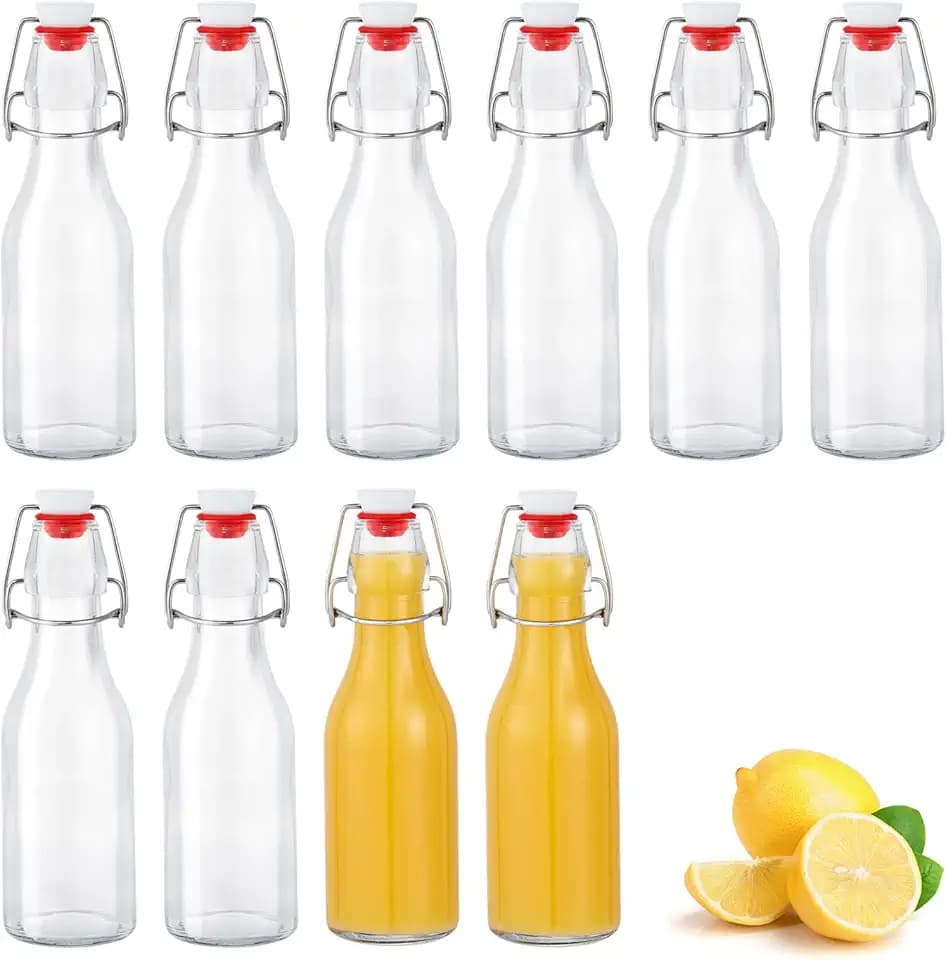 Set da 10 Bottiglie Costolata in Vetro con Tappo Ermetico, 250ml Bottiglie riutilizzabili a Chiusura ermetica, contenitori in vetro per Bevande Fatte in Casa, Birra, Liquori, Succhi, Olio