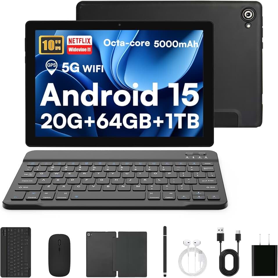 Tablet, Android 15 Tablet 10 Pollici Con Tastiera, 20GB+64GB+1TB, Octa-Core, Face ID, Tablet PC Con WIFI 5G, Bluetooth 5.4, Widevine L1, 5MP+8MP, 1280 * 800 HD, 5000mAh