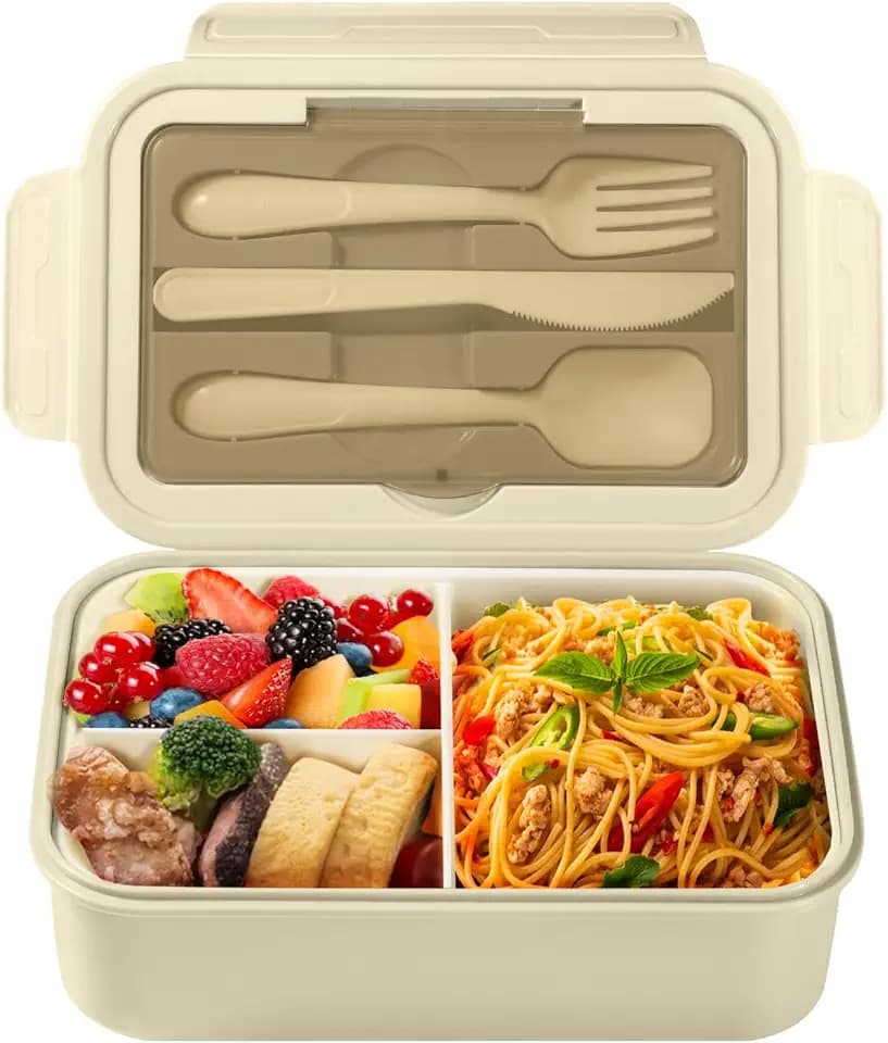 Diboniur Porta Pranzo, Lunch Box con Posate, 1400ml Bambino Adulto Bento Box con 3 Scomparti, Schiscetta Contenitore Pranzo per Microonde Lavoro Picnic Ufficio (Khaki)
