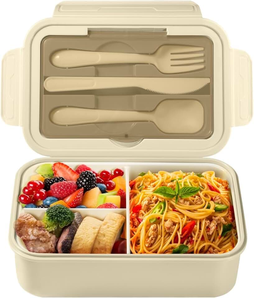 Diboniur Porta Pranzo, Lunch Box con Posate, 1400ml Bambino Adulto Bento Box con 3 Scomparti, Schiscetta Contenitore Pranzo per Microonde Lavoro Picnic Ufficio (Khaki)