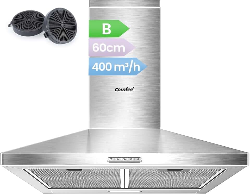 COMFEE' Cappa Aspirante 60 cm PYRA17SS-60 Acciaio Inossidabile Cappa Cucina con LED, Sistema di Ricircolo e Canalizzazione e Filtri a Carbone