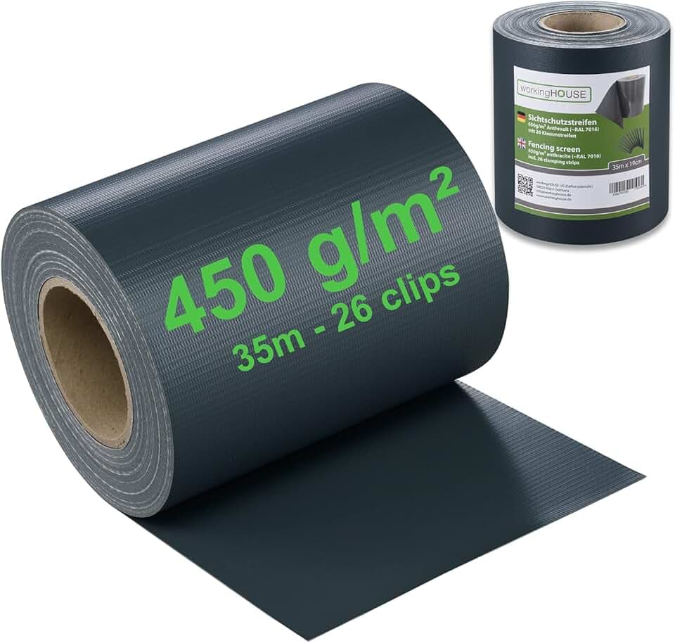 Workinghouse Schermo privacy in PVC per recinzione a doppio picchetto - schermo privacy da giardino con clip - 450g/m² - 35m x 19cm, schermo privacy per recinzione, pellicola per recinzione