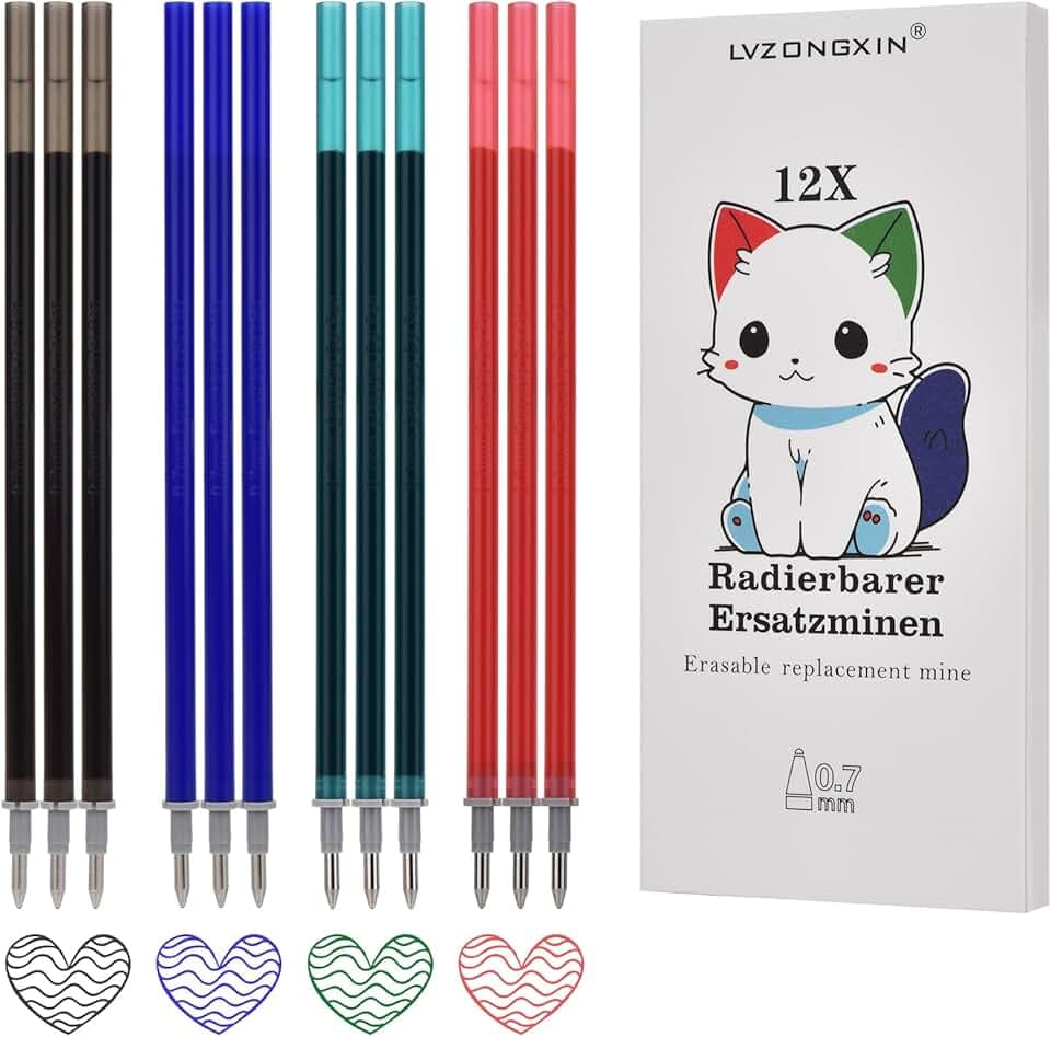 12 Pezzi Ricariche Cancellabili Compatibili con Legami (3 Verde, 3 Rosso, 3 Blu, 3 Nero) punta della penna 0,7 mm, facili da cancellare, per la scuola e la vita di tutti i giorni, altezza 13 cm