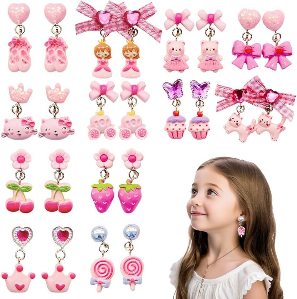 ZILZUFA Orecchini a Clip per Ragazze, 12 Paia di Orecchini a Clip per Ragazze, Orecchini in Resina Non Allergici, Accessori per Gioielli da Principessa per Ragazze, Rosso rosa Fiocco Bambine