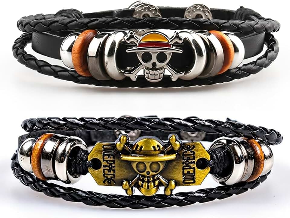 NHPY 2 Pezzi One Piece Bracciali, One Piece Braccialetti Merch, Bracciale Avvolgente Con Occhio Del Diavolo,One Piece Gadget Con Accessori A Forma Di Teschio E In Pelle Tressata(2Forma)
