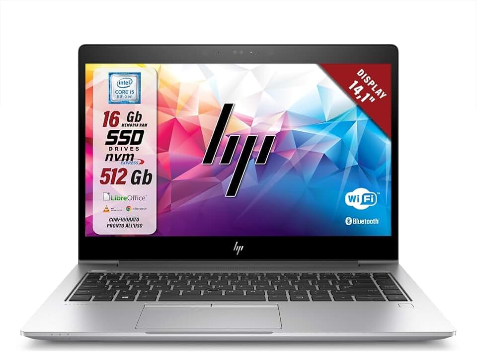 HP Elitebook, Intel i5-8Th 4 Core 1.7Ghz, Display 14,1", Ram 16Gb, SSD 512Gb, Pc Portatile Notebook Pronto all'uso, W11, Pacchetto Libre (Ricondizionato)