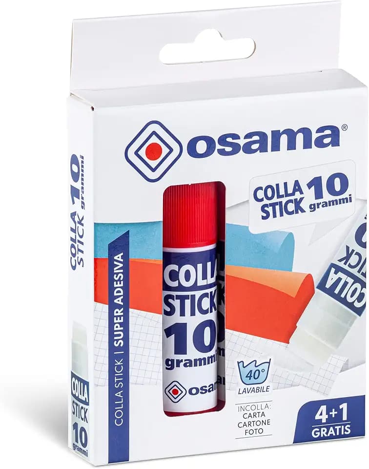 OSAMA - Colla Stick Extra Forte, 4 Pezzi + 1 Gratis, 10 gr - Set Colle Stick Ideale per Cancelleria Scuola, Ufficio e Università - Scorrevole, Resistente e Adatta ai Bambini, Formula Classica