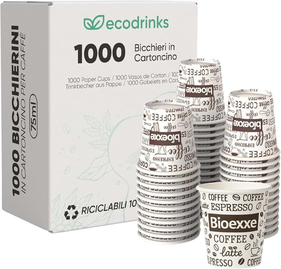 ecodrinks - 1000 Bicchieri Caffe Carta Da 75ml - Set Bicchierini Monouso per Bevande Calde/Fredde - Biodegradabili, Eco-friendly e Made in Italy, Bianco