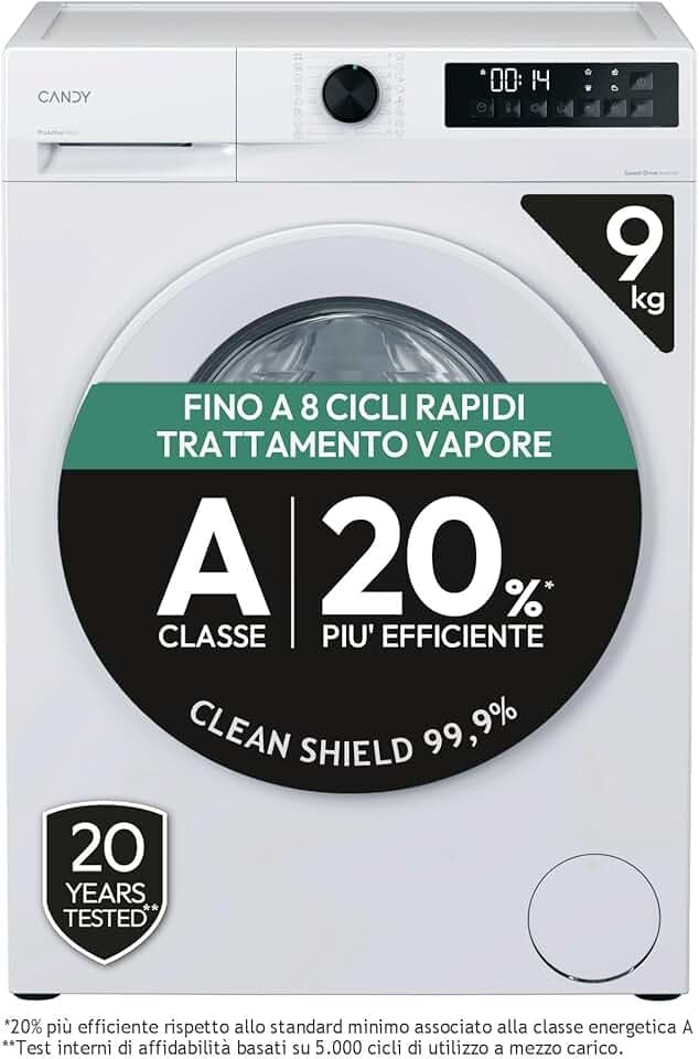 Candy ProWash 300, Lavatrice Carica Frontale, 9KG, 1400 giri, 16 Programmi, 8 Cicli Rapidi, Trattamento Vapore, Motore Silent Inverter, Bianco - GD 498-S [Classe di efficienza energetica A] Etichetta Energetica