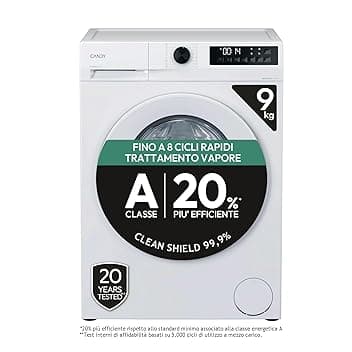 Candy ProWash 300, Lavatrice Carica Frontale, 9KG, 1400 giri, 16 Programmi, 8 Cicli Rapidi, Trattamento Vapore, Motore Silent Inverter, Bianco - GD 498-S [Classe di efficienza energetica A] Etichetta Energetica