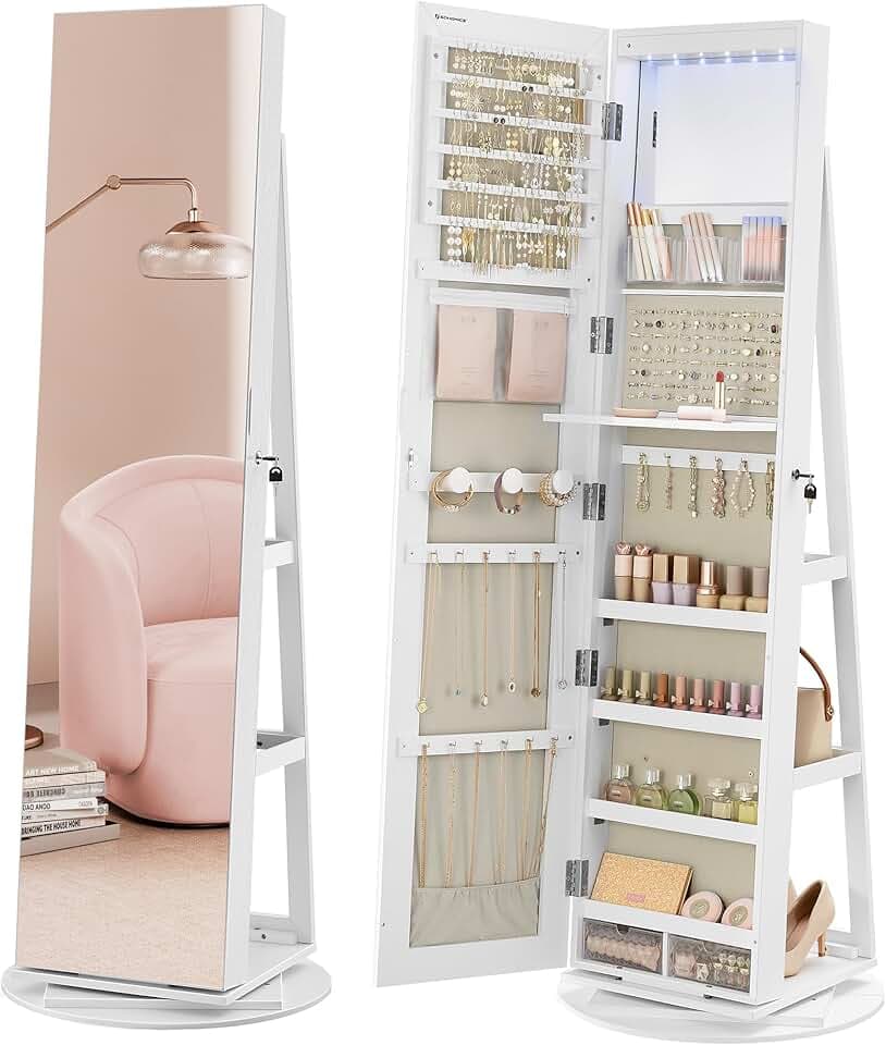SONGMICS SONGMICS Specchio Portagioie con 6 Luci a LED e Chiusura, Armadietto Portagioie Girevole a 360° Specchio a Figura Intera senza Cornice, 3 Ripiani, Superficie Bianca, Fodera Greige JJC007W02