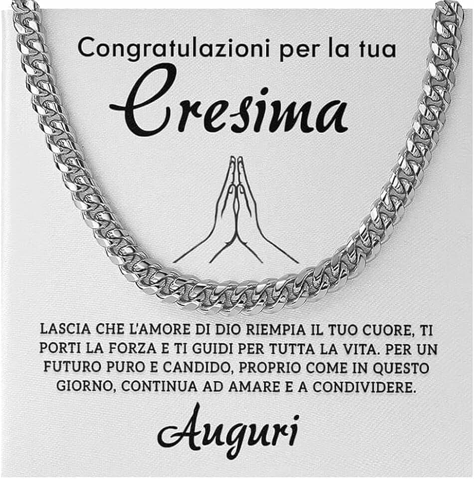 Bramart Regalo Prima Comunione Uomo Collana Cubana in Acciaio Inox Lucidato di Altissima qualità Idea Regalo per lui Cresima - Cofanetto con DEDICA incluso