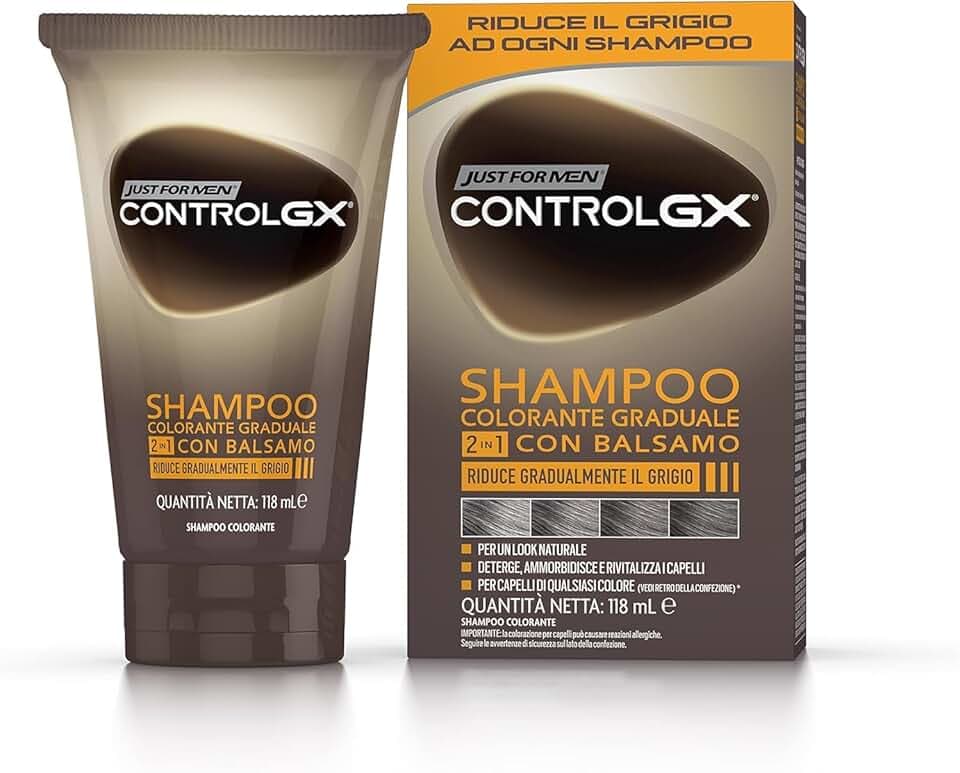 Just For Men Control GX, Shampoo Colorante Uomo, Colore E Tinta Per Capelli, 2-In-1 Con Balsamo, Riduce Gradualmente Il Grigio, Per Un Look Naturale, 118 ml