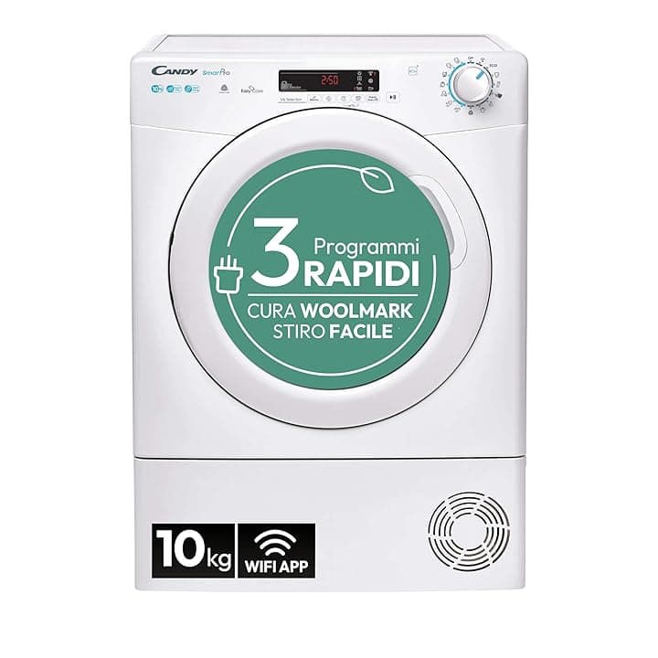Candy Smart Pro Asciugatrice 10 Kg a Pompa di Calore, Libera Installazione, Connessione Wi-Fi, Controllo da App, 59,6 x 58,5 x 85 cm, Bianca - CSOE H10A2DE-S [Classe di efficienza energetica E]