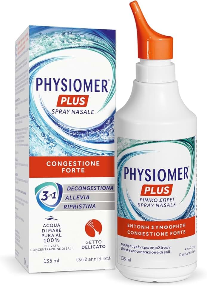 Physiomer Iper Siero di Mare Spray Nasale Ipertonico Decongestionante Adatto per Adulti e Bambini che Libera la Congestione del Naso - 135 ml