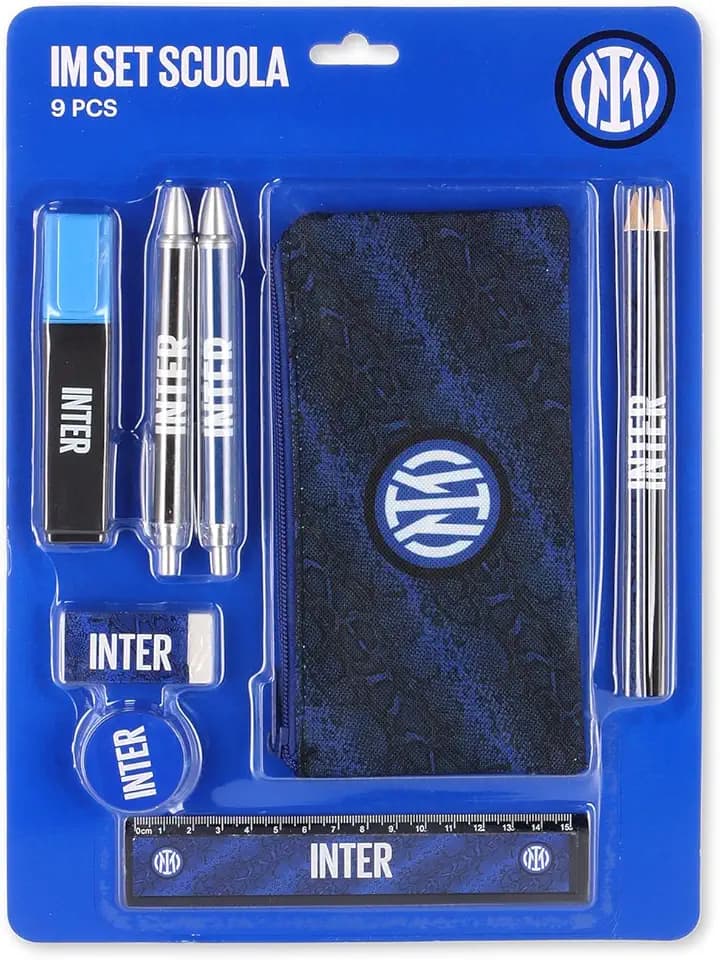 Inter linea Home - Set scuola con astuccio, righello, temperino, gomma, 2 penne, 2 matite ed evidenziatore, Blu Royal con stampa Snake e logo ufficiale
