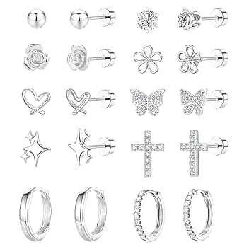 LOFITOR 10 Paia Orecchini Base Piatta Ipoallergenici, Acciaio Chirurgico 316L, Set Stud Huggie con CZ Fiore Croce, Regalo Gioiello a Vite per Donne Ragazze Bambine