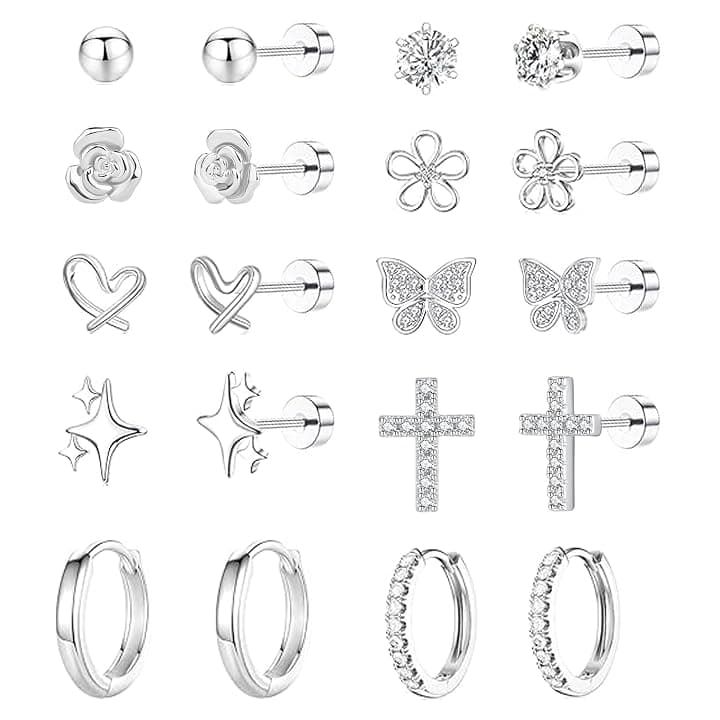 LOFITOR 10 Paia Orecchini Base Piatta Ipoallergenici, Acciaio Chirurgico 316L, Set Stud Huggie con CZ Fiore Croce, Regalo Gioiello a Vite per Donne Ragazze Bambine