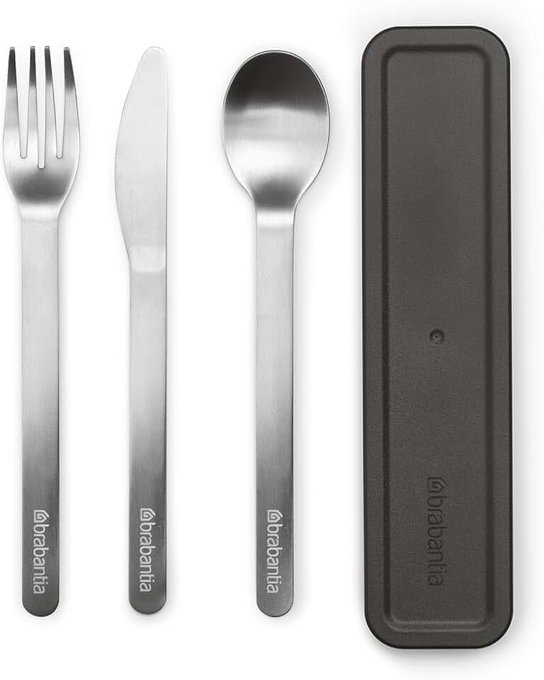 Brabantia - Make & Take Set di 3 Posate con Custodia - Coltello, Cucchiaio & Forchetta - Design Igienico & Compatto - Acciaio Inox - Adatto per Lavastoviglie - Set di Posate da Viaggio - Dark Grey