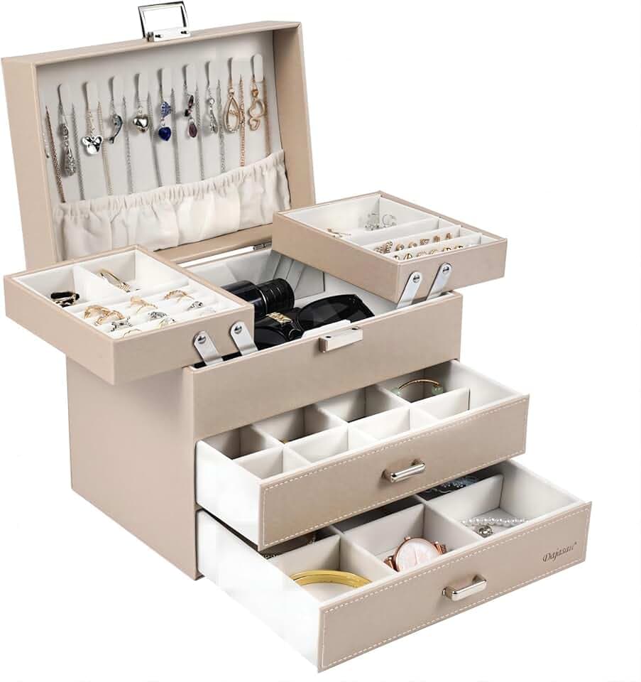Dajasan Dajasan Portagioie Donna da Camera a Quattro Strati con Due Cassetti, Porta Gioielli da Comodino e Organizer Gioielli Elegante e Pratico per San Valentino, Natale e Festa della Mamma
