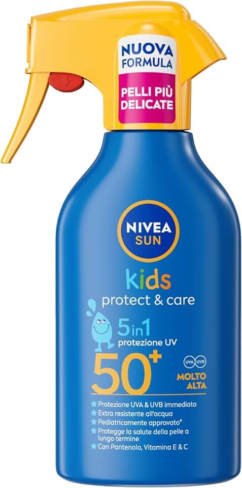 NIVEA SUN Kids Maxi Spray Protect & Care SPF 50+ 270 ml, Crema solare 50 bambini 3+ anni, Protezione solare 50 bambini spray extra resistente all'acqua e al sudore con Pantenolo, Vitamina C & E