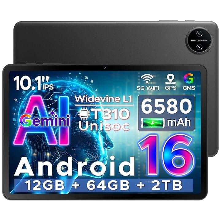DOOGEE Tab A9 Android 16 Tablet 10 Pollici, Gemini AI Tablet in Offerta Gaming, 12GB RAM + 64GB ROM (TF 2TB), 6580mAh Batteria, 5G WiFi, 1280 * 800 IPS, 5MP+8MP, Unisoc T310 Quad Core/OTG/Face Unlock