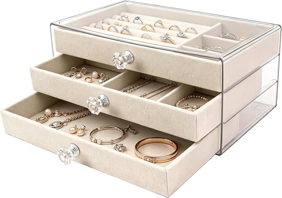 Elalove Portagioie donna a 3 livelli, porta gioielli con cassetti estraibili, organizer gioielli in acrilico trasparente con interno in velluto, scatola porta gioielli per anelli, collane e orecchini, Beige