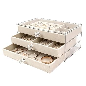 Elalove Portagioie donna a 3 livelli, porta gioielli con cassetti estraibili, organizer gioielli in acrilico trasparente con interno in velluto, scatola porta gioielli per anelli, collane e orecchini, Beige