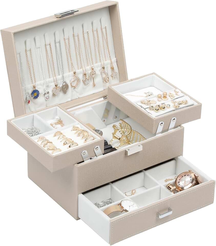 Dajasan Dajasan Portagioie Donna, Porta Gioie, 3 Livelli di Scatola Portagioie Grande con 1 Cassetto, Porta Gioielli in Pelle, Portagioie Adatto per Anelli, Collane, Orecchini (Champagne)